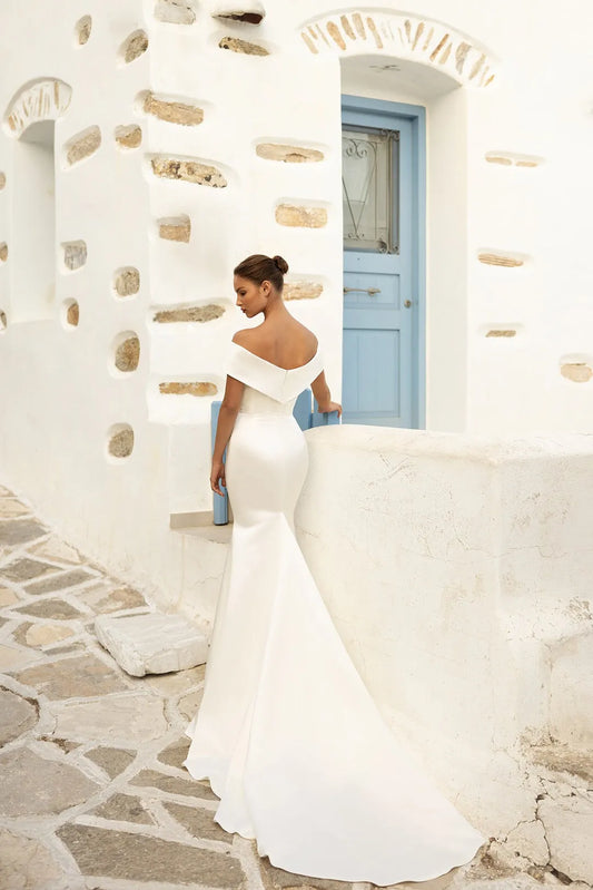 Elegant Off Shoulder Satin Wedding Dresses With Detachable Train Women Mermaid Bridal Gowns Bride Dress