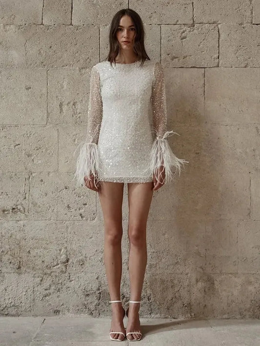 Long Sleeves Sequin Short Wedding Dress For Women Above Knee Beaded Feather Mini Sheath Modern Bridal Gown Ivory