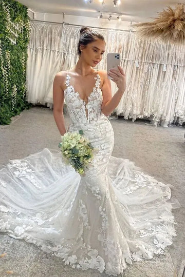 Boho Lace Mermaid Wedding Dress Sexy V Neck Appliques Bride Dresses Puff Tulle Wedding Bridal Gowns Ivory