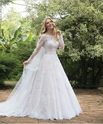 Long Sleeves Scoop Neck Vestidos De Novia Backless A Line Wedding Dresses Appliques Vestido De Noiva White
