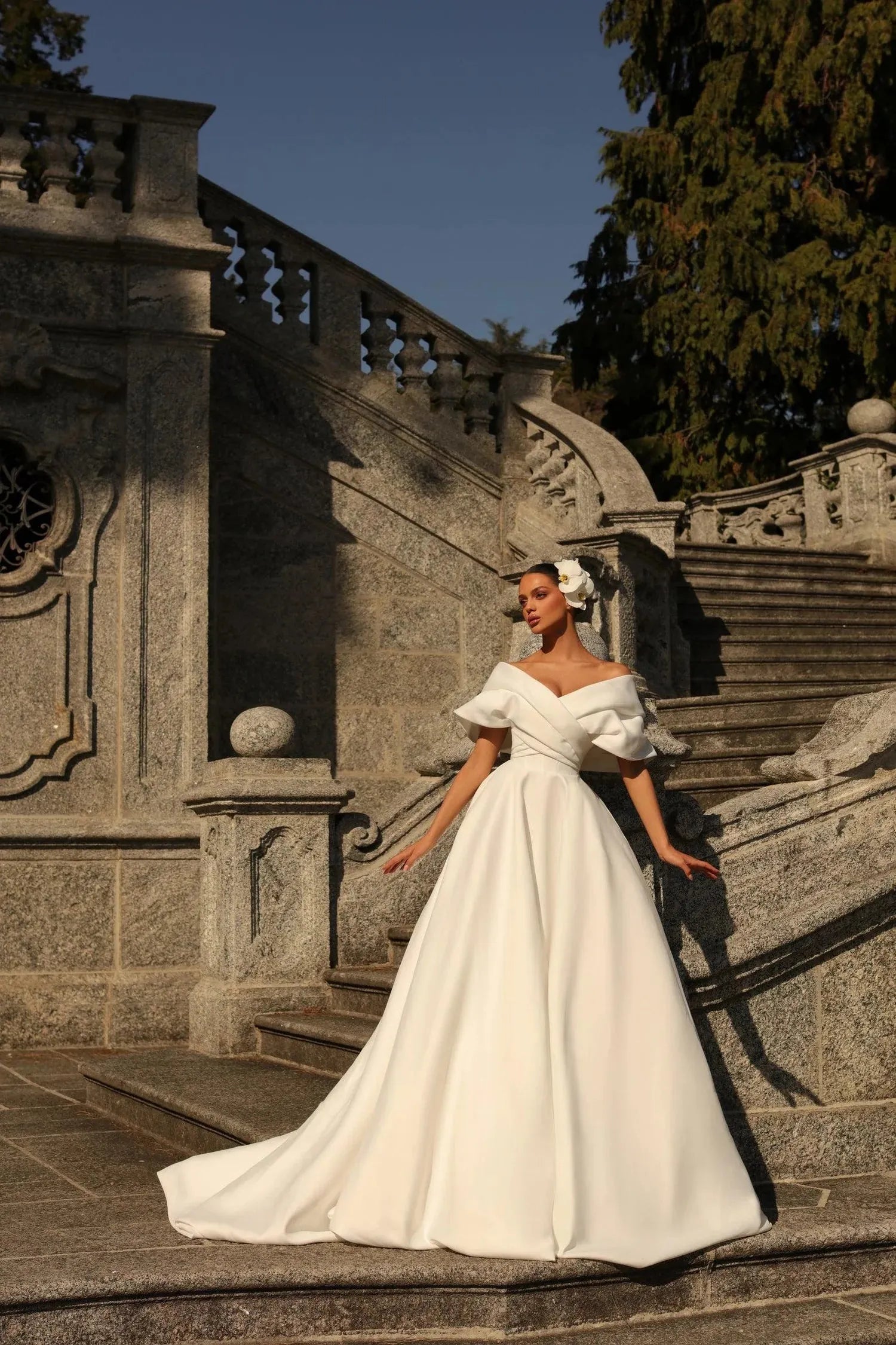 Vestidos de novia de satén, línea A, hombros descubiertos, vestidos de