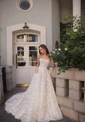 Elegant A-Line Wedding Gown with a Voluminous Skirt, Delicate Straps, Boat Neckline, and Exquisite Lace Embellishments – Romantic Bridal Dress