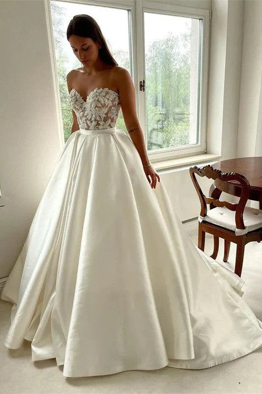 Elegant Wedding Dresses Ball Gown Sweetheart Satin Sleeveless Bridal Dress Beads Crystal Lace Satin Bride Gown Custom As Picture