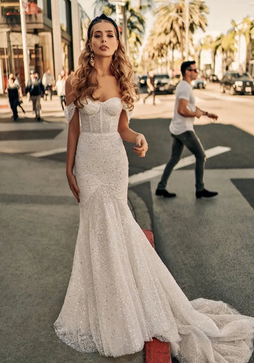Off-Shoulder Shiny Tulle Mermaid Wedding Dress For Women Elegant Zipper Back Floor Length Bridal Gown Custom Made Ivory
