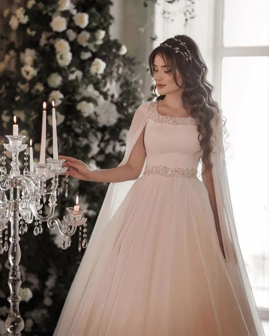 Vintage Long Cape Sleeves Formal Wedding Gowns Square Collar Glitter Beads Bridal Dresses A Line Draped Bride Gown
