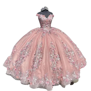 Pink Flower Quinceanera Dress 3D Floral Lace Off-Shoulder Sleeves Vestidos De 15 Anos Formal Princess Party Gown