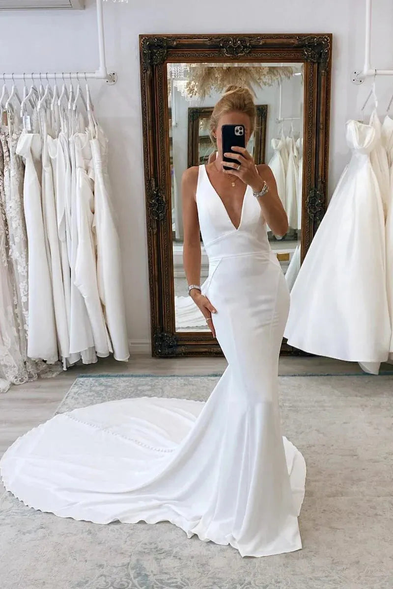 Elegant Mermaid Wedding Dress V-Neck Spaghetti Straps Open Back Simple Bridal Gowns Sweep Train Vestidos De Novia Custom Color