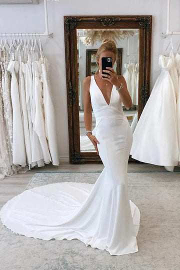 Elegant Mermaid Wedding Dress V-Neck Spaghetti Straps Open Back Simple Bridal Gowns Sweep Train Vestidos De Novia Custom Color