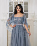 Champagne Appliques Lace Saudi Arabia Prom Dresses Cap Sleeves A Line Formal Evening Gowns Women Special Party Dress