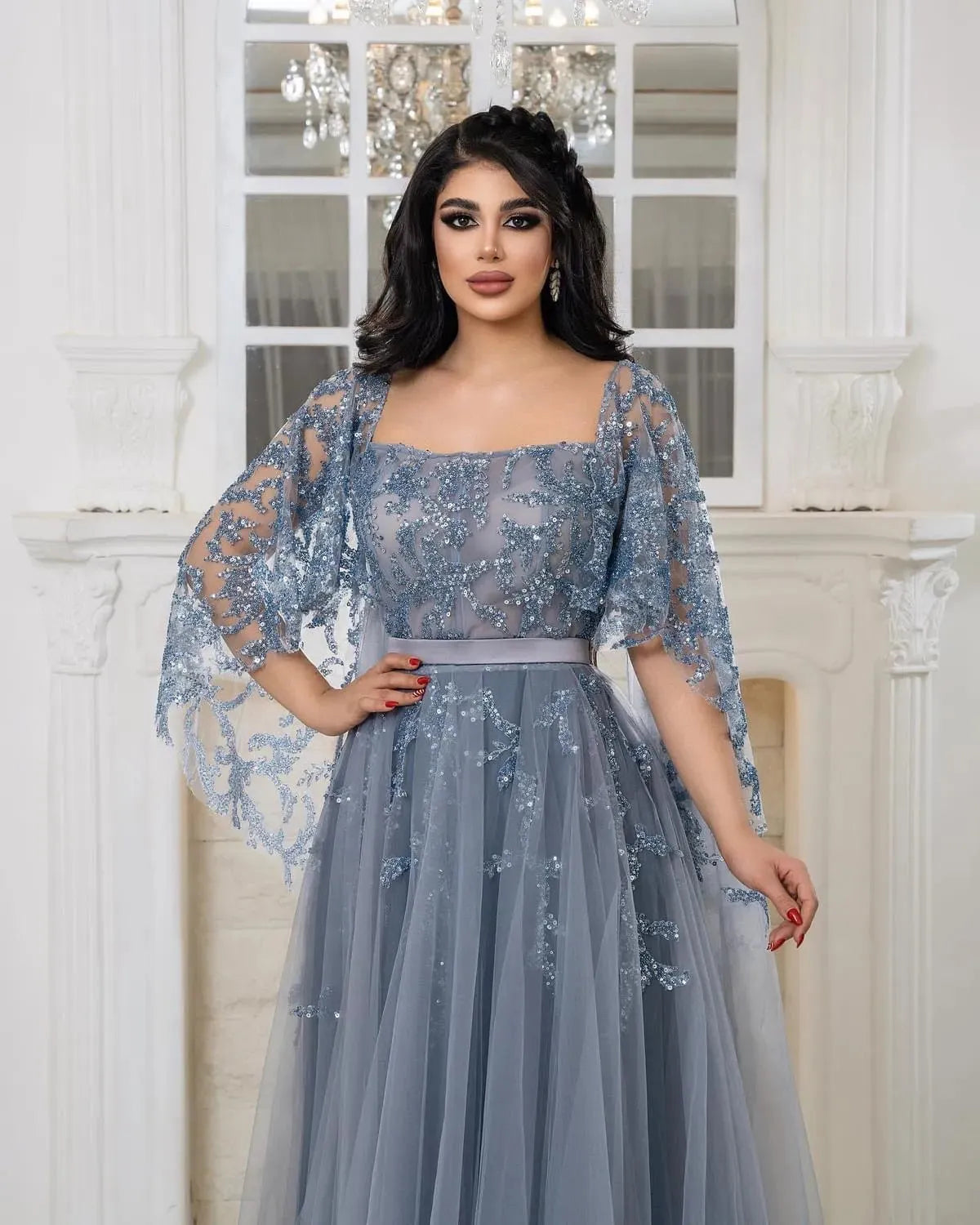 Champagne Appliques Lace Saudi Arabia Prom Dresses Cap Sleeves A Line Formal Evening Gowns Women Special Party Dress