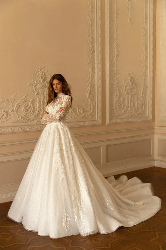 Modest High Collar Long Sleeve Wedding Dress Classic Lace Appliques Dress For Bride Sparkly A-line Bridal Gown Robe De Mariée Custom Color