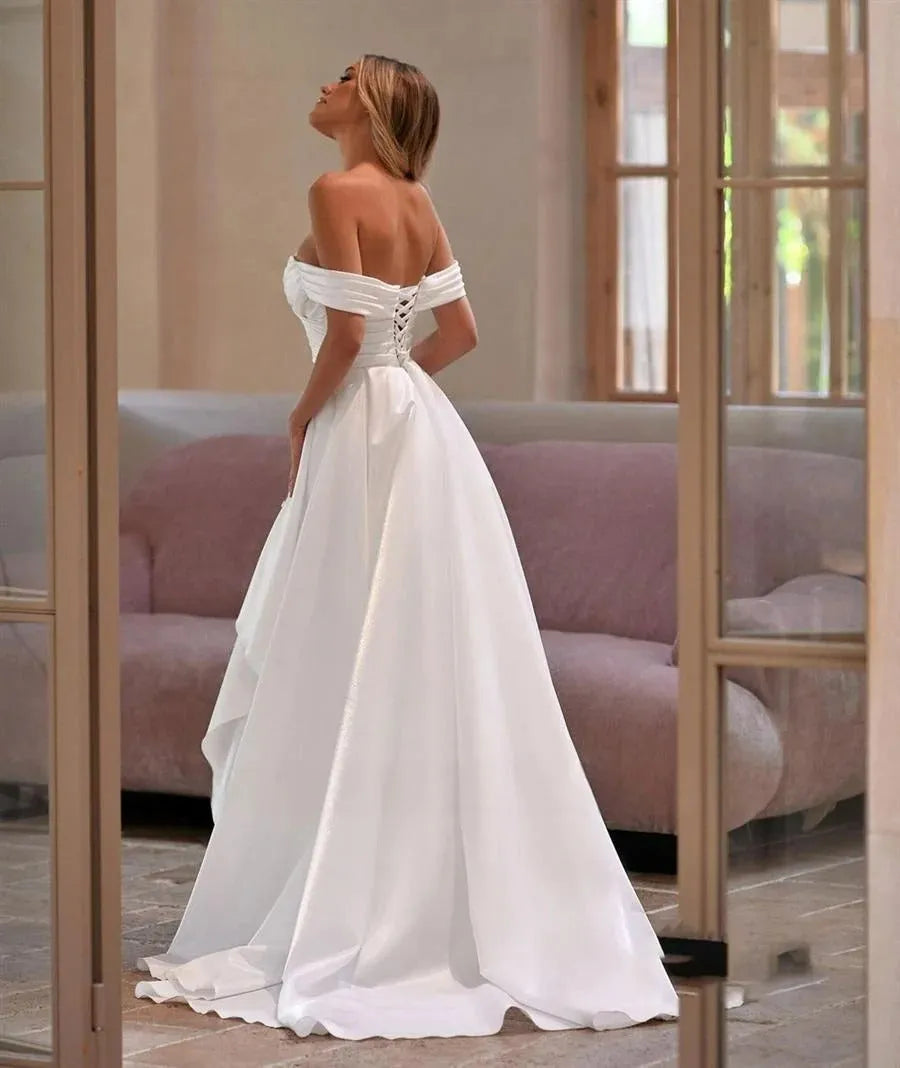 Elegant Satin Wedding Dresses Lace Up Back Off Shoulder Sleeveless A-line Simple Side Split Vestidos De Novia Robe De Mariée