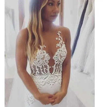 Sexy Backless V-Neck Satin Wedding Dresses For Women Sleeveeless Mernaid Lace Appliques Bride Gown Formal Evenig Party Dress
