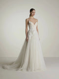 Flowy A-Line Wedding Dress with V Neck with Straps and Cross-Over Back in Tulle Bridal Gowns White Mermaid Satin Modern Princess Vestido De Novia Bow Satin Court Train Sleeves