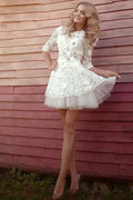 On Sale Sexy Ivory Bride Dress Lace Wedding Dresses Mini Length with 3/4 Sleeves Bridal Gowns Short O Neckline