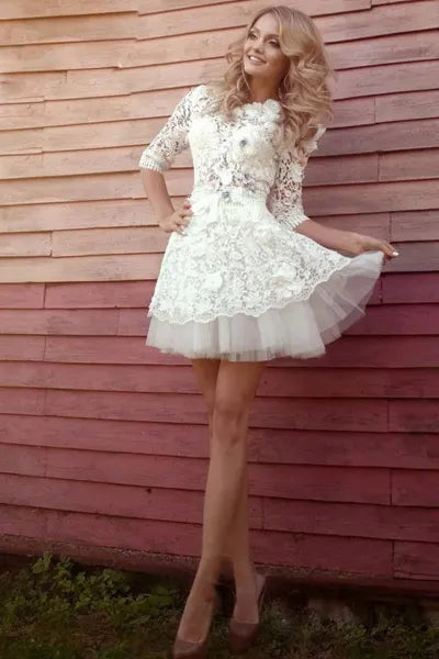 On Sale Sexy Ivory Bride Dress Lace Wedding Dresses Mini Length with 3/4 Sleeves Bridal Gowns Short O Neckline