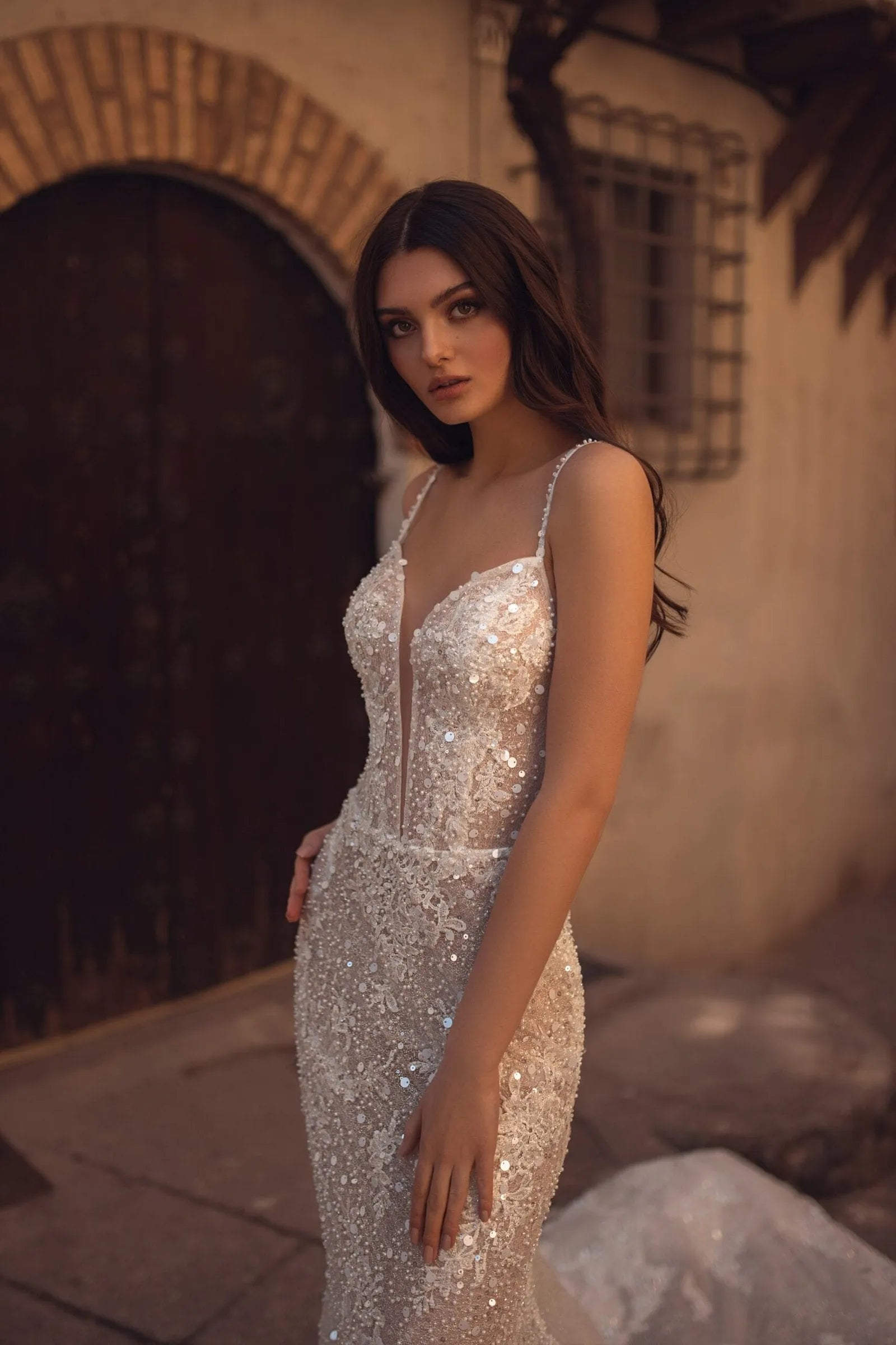 Radiant Mermaid Wedding Gown with Glitter Lace, Sequins, and a Flowing Tulle Train for a Show-Stopping Bridal Look