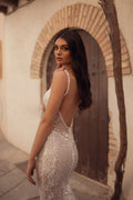 Radiant Mermaid Wedding Gown with Glitter Lace, Sequins, and a Flowing Tulle Train for a Show-Stopping Bridal Look