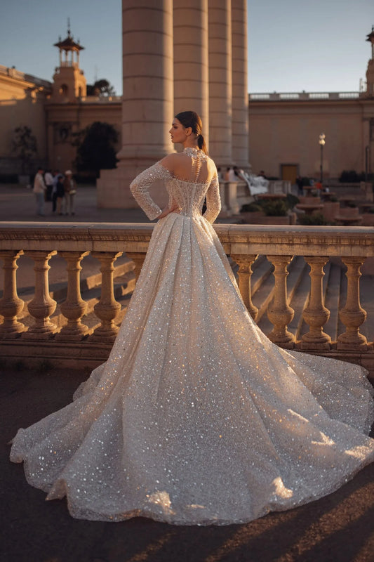 Dazzling A-Line Wedding Dress with Glitter Tulle, Sparkling Sequins & Intricate Detailing for a Show-Stopping and Sophisticated Bridal Look