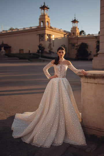 Dazzling A-Line Wedding Dress with Glitter Tulle, Sparkling Sequins & Intricate Detailing for a Show-Stopping and Sophisticated Bridal Look