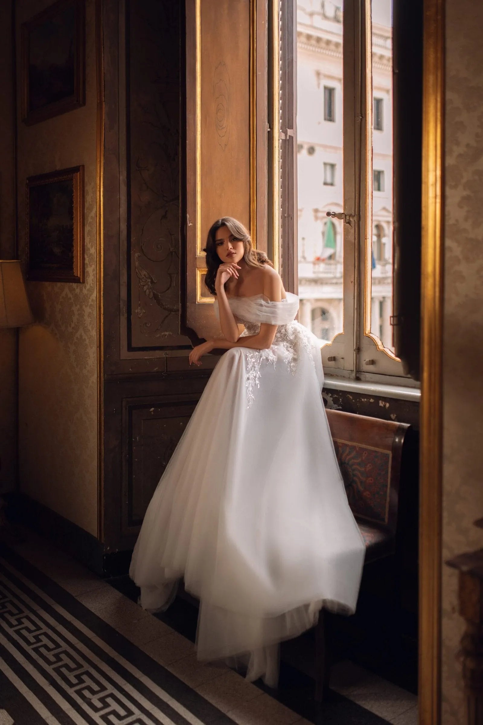 Timeless A-Line Wedding Gown with Delicate Lace, Sparkling Sequins, and Romantic Off-Shoulder Design for an Effortlessly Elegant Bridal Look