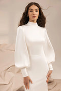 Modern Minimalist Wedding Dress with Sleek Satin, High Neckline & Elegant Open Back with Delicate Button Details for a Sophisticated Bridal Look