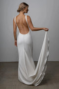 Modern Sheath Minimalist Wedding Dresses For Women Buttons Oversized Tight Fit Simple Bow Train Backless Bridal Gown