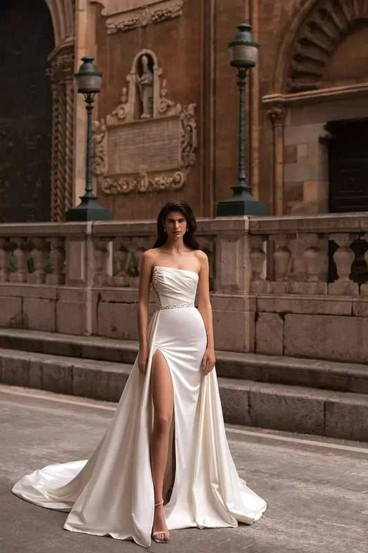 Gorgeous Women's Wedding Dresses Mermaid Sexy Side High Split Plate Satin Backless Sweep Train Formal Bride Gowns Beach Party