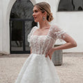 Elegant Short Wedding Dress Women White Open Back Lace Square Collar Short Puff Sleeve Bridal Gown Tulle Vestidos De Noiva