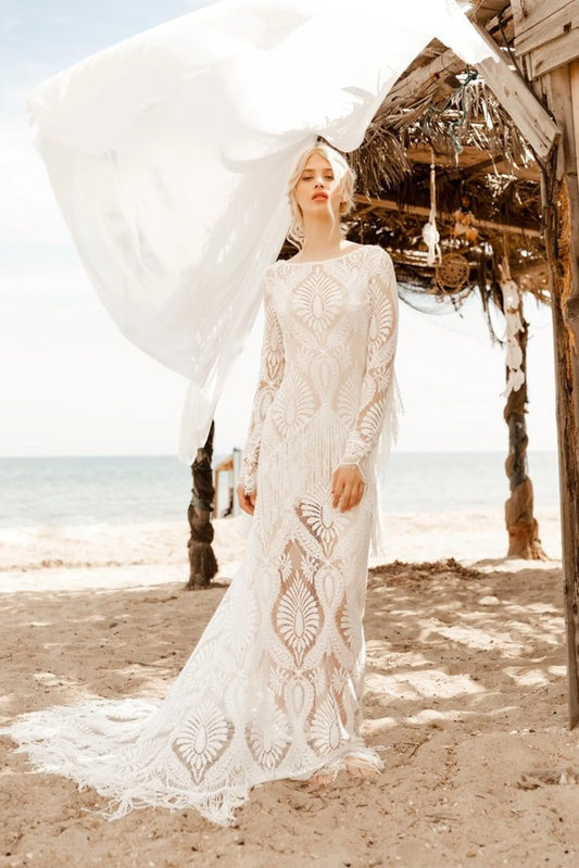 Lace Long Sleeves With Tassels Bohemian Wedding Dress Bateau Neck Sweep Train Mermaid Bridal Gowns Custom Made