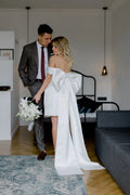 Elegant Short Mini Satin Wedding Dresses Off The Shoulder Large Bow Open Back Bridal Gown Above Knee Length Bride Dress