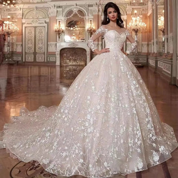 Crystal Luxury Illusion Beads White/Ivory Women Wedding Dress Bride Dresses Lace Appliques Elegant Wedding Gowns Long Train Beige