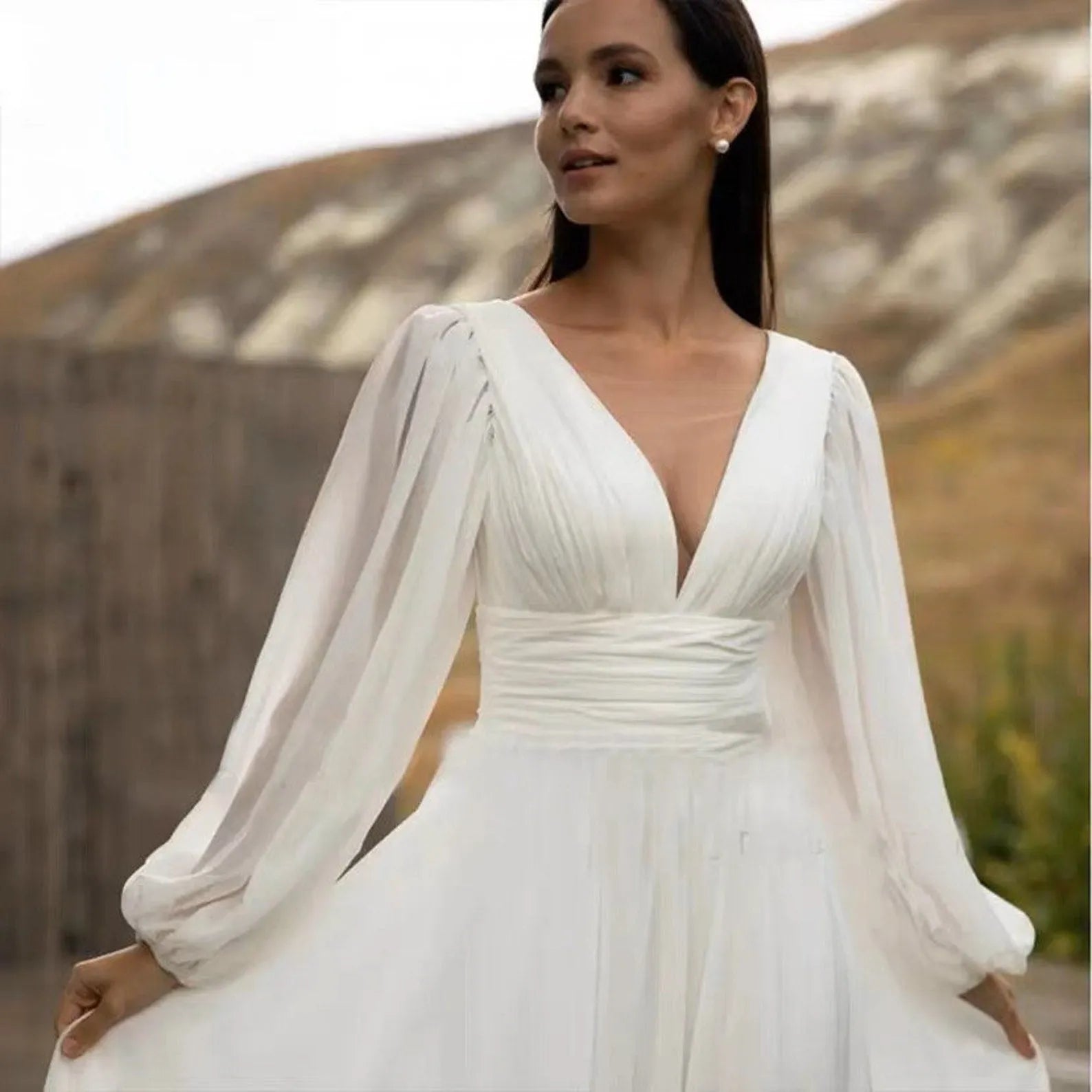 Simple Puff Sleeve Wedding Dress Bridal Long A Line Backless Beach Bride Gown Sweep Train Chiffon Robe De Mariée Vestidos