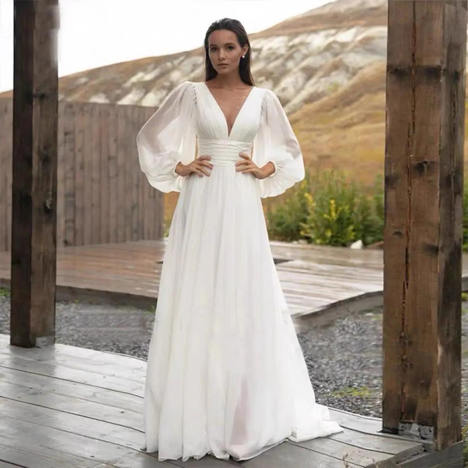 Simple Puff Sleeve Wedding Dress Bridal Long A Line Backless Beach Bride Gown Sweep Train Chiffon Robe De Mariée Vestidos