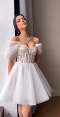 Simple Short Bride Wedding Dresses Appliques Lace Sweetheart Corset Back Formal Party Dress A Line Princess Bridal Gowns