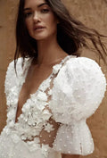 Short Wedding Dresses Plunging V-Neck Half Sleeves Pearls Flowers Mini Bride Dresses Sexy Backless Illusion Formal Wedding Gowns
