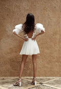 Short Wedding Dresses Plunging V-Neck Half Sleeves Pearls Flowers Mini Bride Dresses Sexy Backless Illusion Formal Wedding Gowns