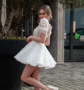 Elegant Short Wedding Dress Women White Open Back Lace Square Collar Short Puff Sleeve Bridal Gown Tulle Vestidos De Noiva