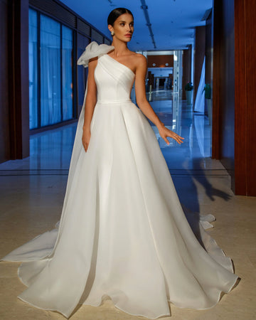 Charming One Shoulder A Line Wedding Gowns est Big Bow Ruched Long Train Custom Bridal Dresses Ivory