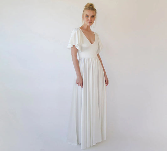 Mermaid Simple Satin Wedding Dresses For women V Neck Batwing sleeve Beach Bride Dresses Custom Made Wedding Party Gown Brides Custom Color