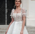 Elegant Short Wedding Dress Women White Open Back Lace Square Collar Short Puff Sleeve Bridal Gown Tulle Vestidos De Noiva