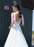 Love Elegant Bow Straps Lace Appliques Chiffon Wedding Dresses Sexy Open Back A-Line V-Neck Sleeveless Floor Length Bridal Gowns
