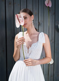 Love Elegant Bow Straps Lace Appliques Chiffon Wedding Dresses Sexy Open Back A-Line V-Neck Sleeveless Floor Length Bridal Gowns