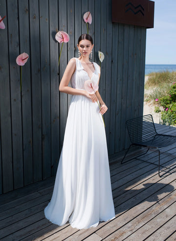 Love Elegant Bow Straps Lace Appliques Chiffon Wedding Dresses Sexy Open Back A-Line V-Neck Sleeveless Floor Length Bridal Gowns Custom Color