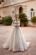 Classic O-neck Long Sleeve Wedding Dress Sparkly Pearls Glitter Bride Robe Elegant A-line Long Bridal Gown Robe De Mariée White