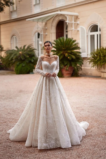 Classic O-neck Long Sleeve Wedding Dress Sparkly Pearls Glitter Bride Robe Elegant A-line Long Bridal Gown Robe De Mariée White