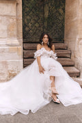 Exquisite Bride Dresses Off The Shoulder 3D Flower Pleat Corset Wedding Dresses Boho A Line Tulle Bridal Gown