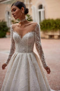 Classic O-neck Long Sleeve Wedding Dress Sparkly Pearls Glitter Bride Robe Elegant A-line Long Bridal Gown Robe De Mariée