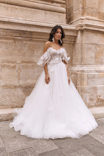 Exquisite Bride Dresses Off The Shoulder 3D Flower Pleat Corset Wedding Dresses Boho A Line Tulle Bridal Gown Ivory