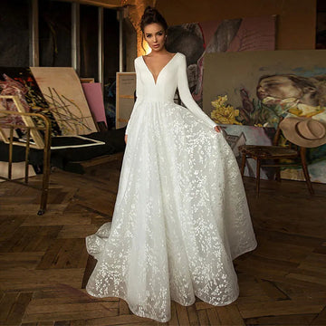 Elegant A-line Deep V-neck Wedding Dress For Women Long Sleeves Backless Sexy Satin Bridal Gowns Robe Custom Vestido De Noiva Ivory